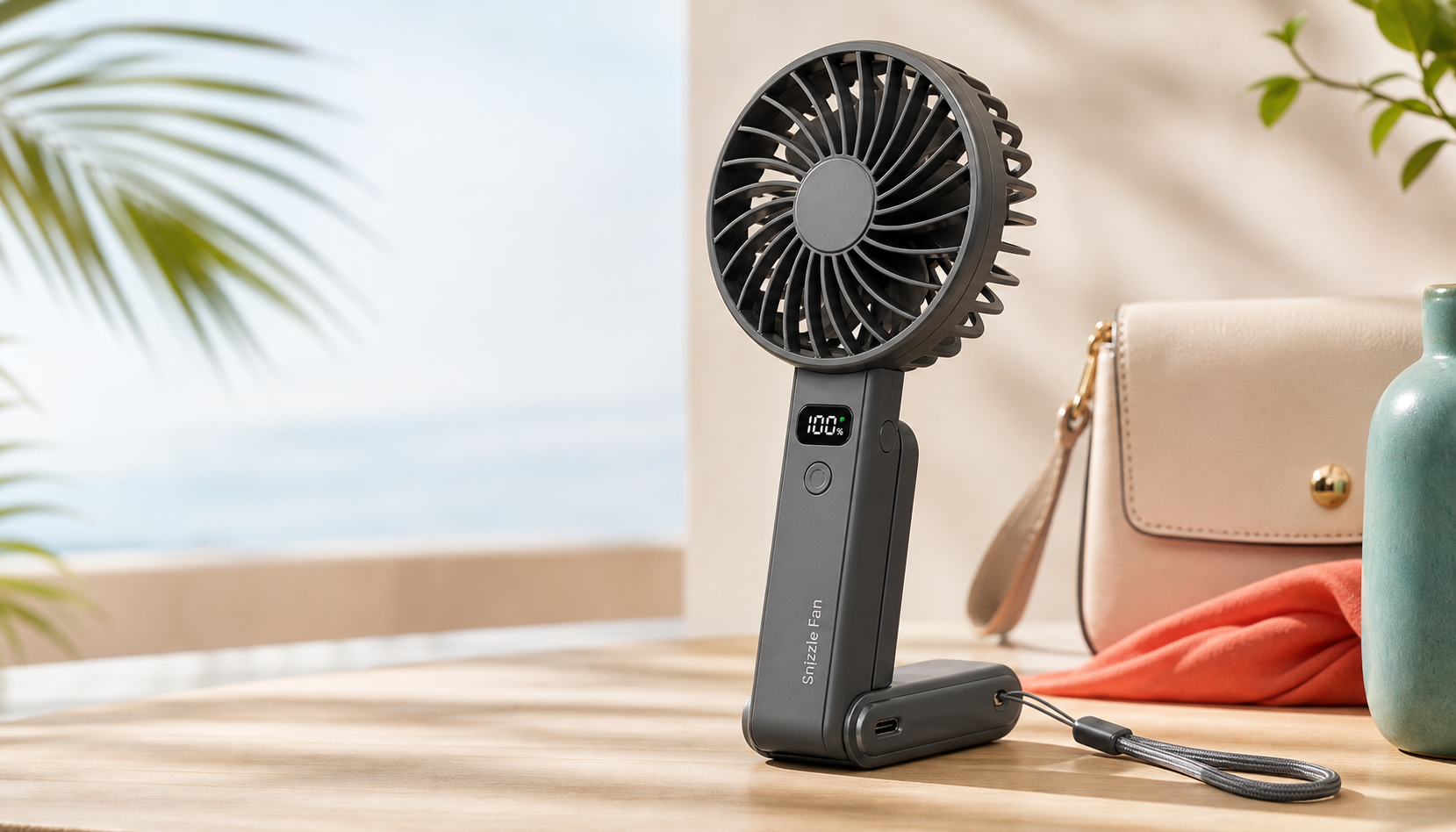 Snizzle Fan foldable handheld fan on a tabletop beside a purse